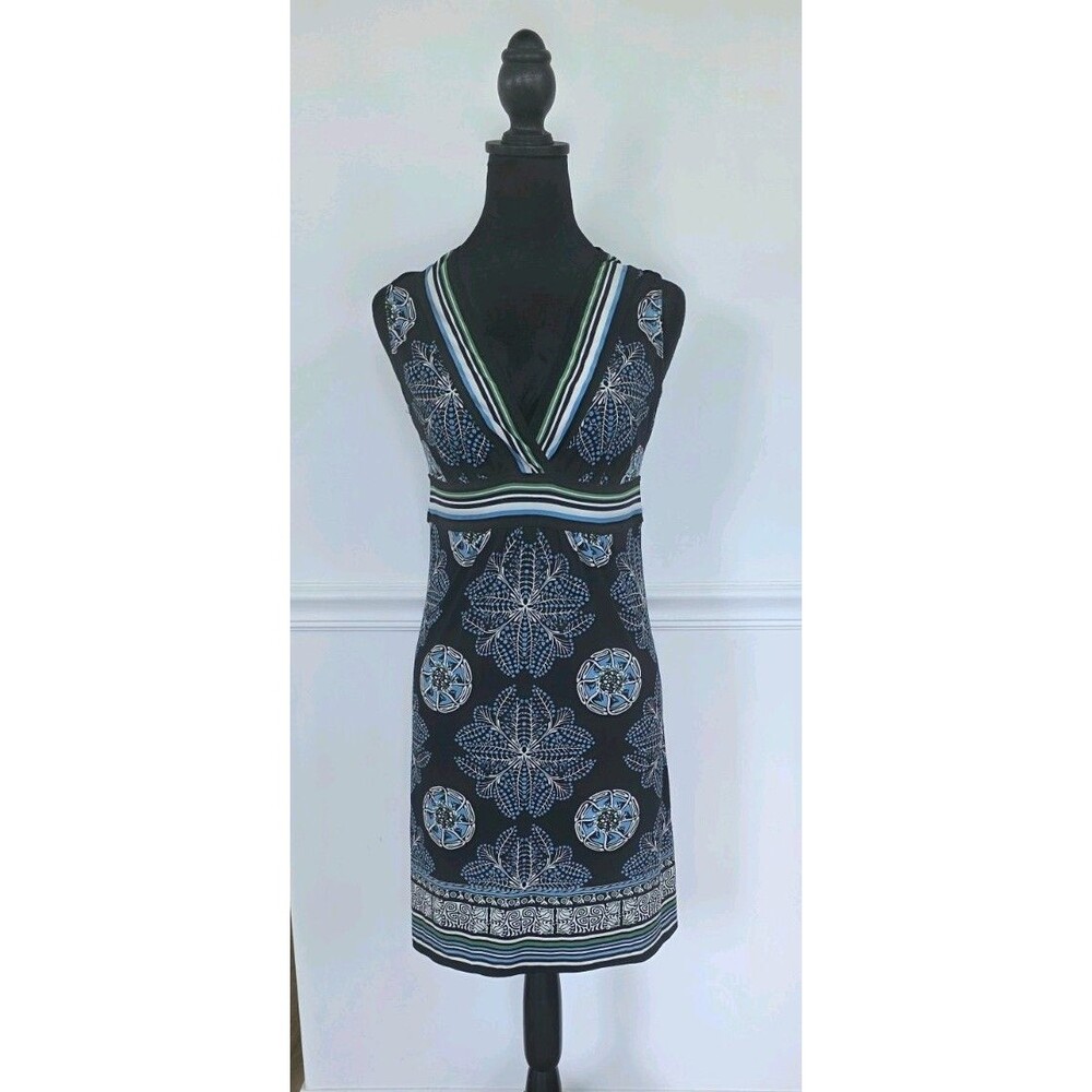 Max Studio Women's XS Sleeveless Empire Waist Printed Dress Blue Black Stretch